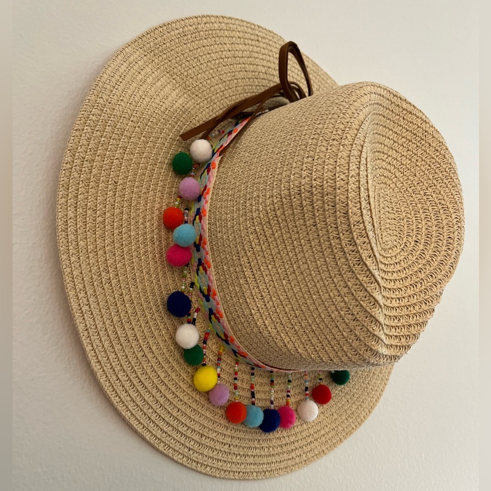 Straw Hat with Colorful Pom poms